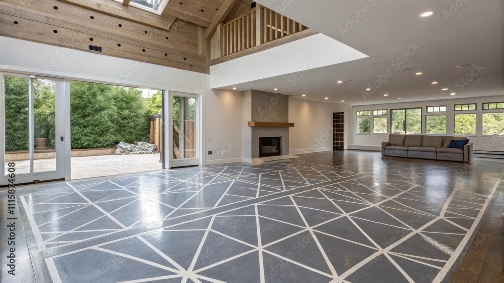 Aufkleber a stylish living space focusing on its new subfloor with intricate s and angles contrasting sharply 