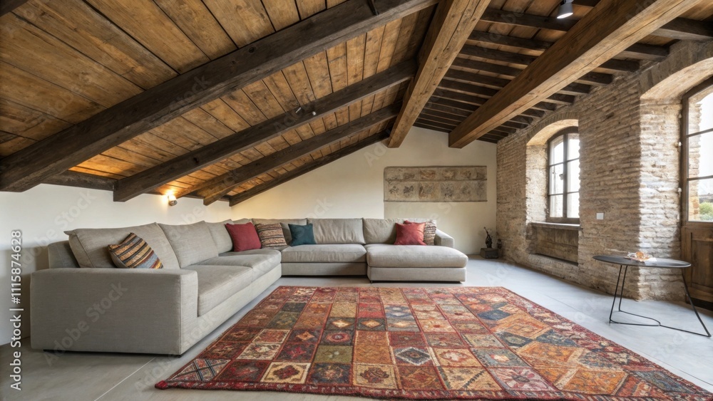 Poster a stylish lounge area with a sectional sofa arranged beneath an unfinished ceiling where rustic beam