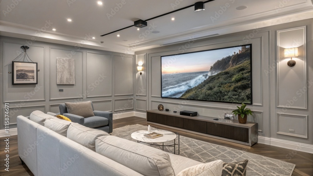 Poster a stylish living room featuring a wall with cleverly installed projector screen mounts creating an o