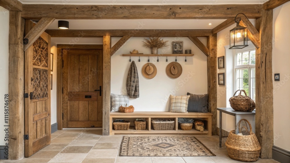 Poster A stylish entryway that welcomes visitors featuring a bench beneath beautifully aged wooden beams with a few decorative items that reflect a rustic theme.