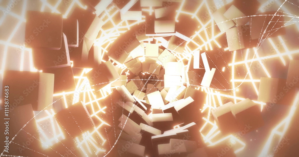 Poster rotating cubes and glowing grid forming tunnel image