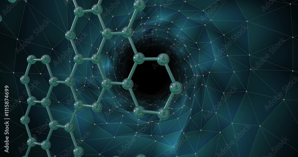 Poster molecular structure and geometric shapes image over dark vortex background