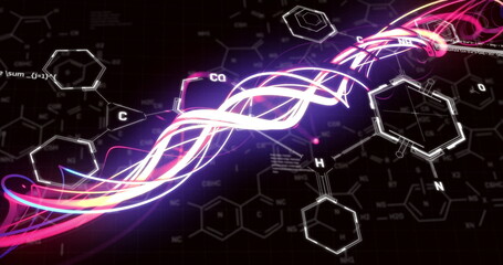 Image of scientific data processing and light trails over dark background