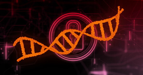 DNA strand image over digital lock and circuit background