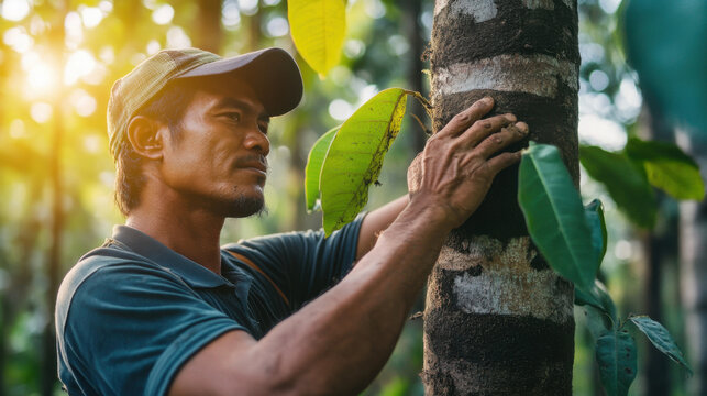 rubber worker examining tree health in plantation, showcasing dedication and care for environment. lush greenery and sunlight create serene atmosphere - Powered by Adobe