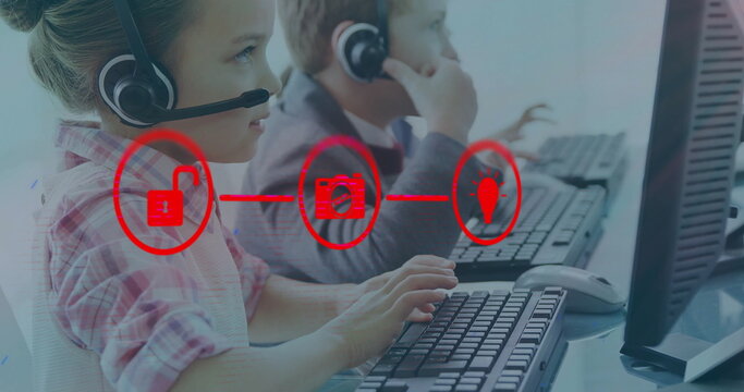 Image of network of icons overc caucasian children with phone headsets - Powered by Adobe