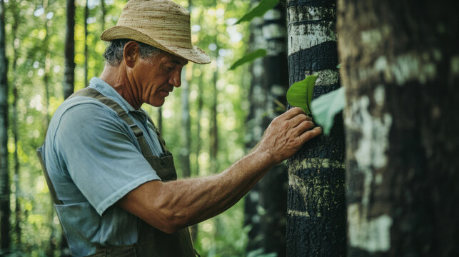 rubber worker examining tree health in lush plantation, showcasing dedication and care for nature. serene environment highlights importance of sustainable practices