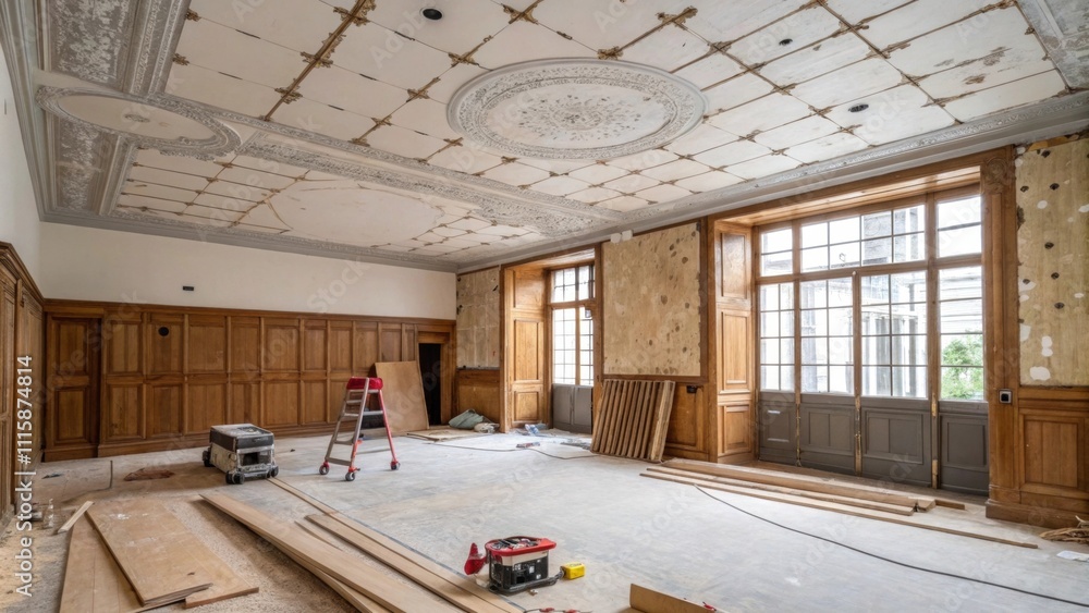 Poster a stark room with a peeling ceiling texture and exposed wood where meticulous preparations are made 