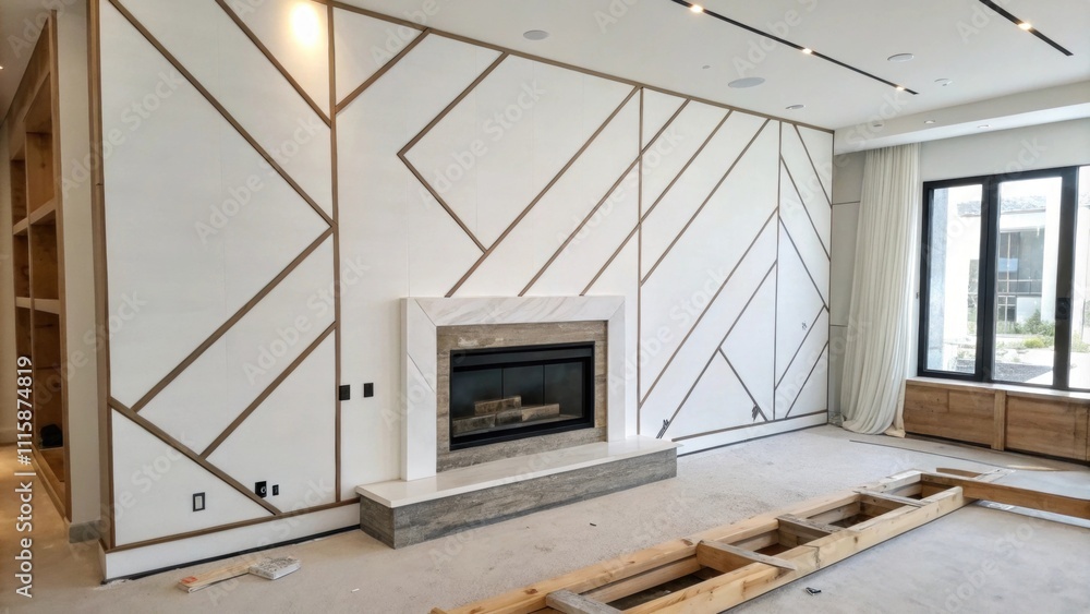 Poster a stark white wall with angular lines emphasizing a future fireplace space surrounded by temporary w