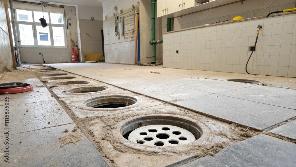 Poster a stark bathroom scene capturing the rawness of a floor revealing multiple drainage holes sunken int
