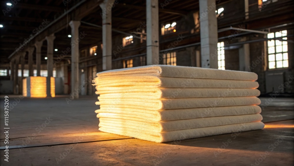 Poster A stack of underlayment sheets with a soft diffused light illuminating the fibers creating a cozy ambiance in an industrialthemed renovation area.