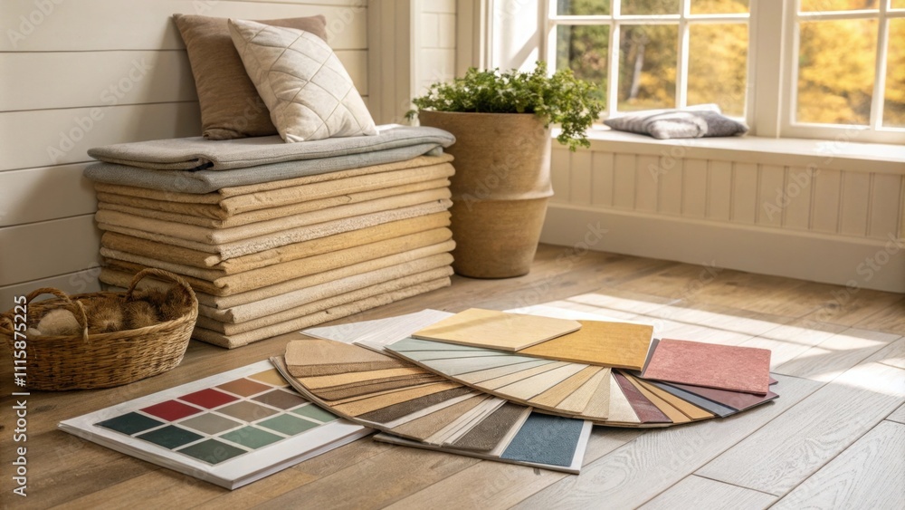 Poster a stack of underlayment sheets bordered by tered floor samples creating a color palette exploration 