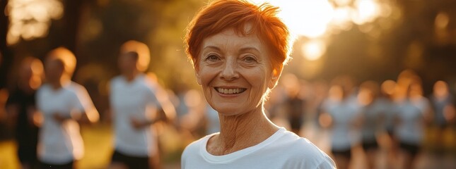 Senior marathon runner smiling warmly among participants at sunset, embodying active aging, community bonding, and the perseverance of the human spirit.