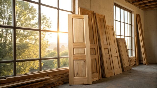 Fototapeta A stack of unfinished wooden doors beside a large window basking in natural light that highlights their unique wood characteristics.