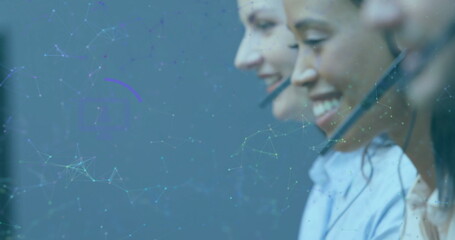 Image of network of icons over diverse business people with phone headsets