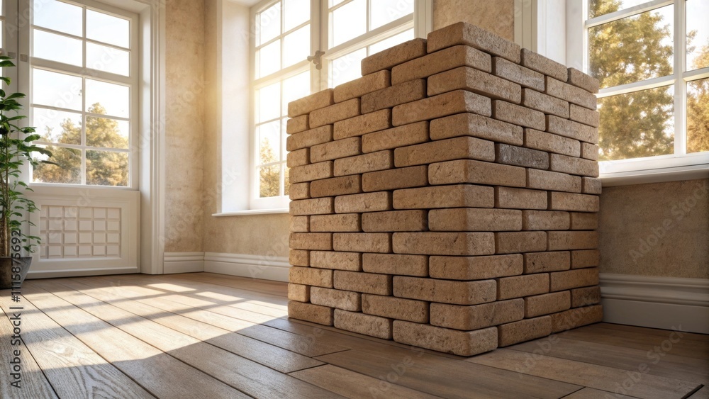 Poster a stack of brick veneers arranged meticulously in a corner of a bright room with natural light strea