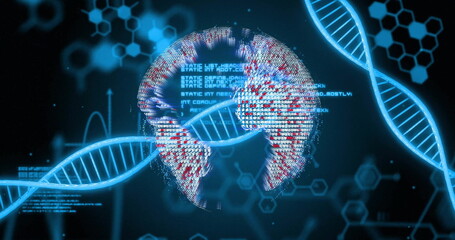 Image of dna strand, data processing over globeon black background
