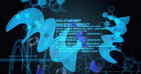 Image of dna strands and scientific data processing on black background