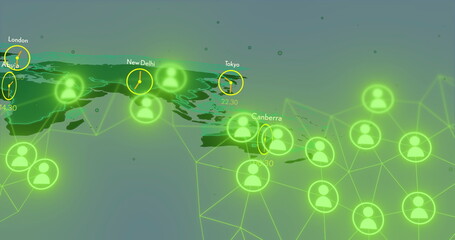 Image of world map with glowing green icons and time zones, depicting global communication network