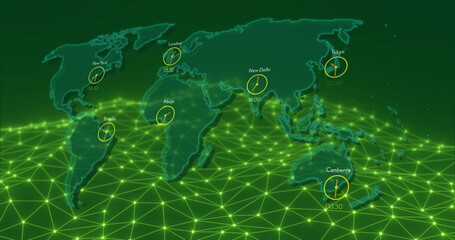 Image of, World map with time zones and network connections over green grid