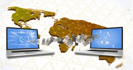 Image of, Digital currency transfer over laptops with world map background