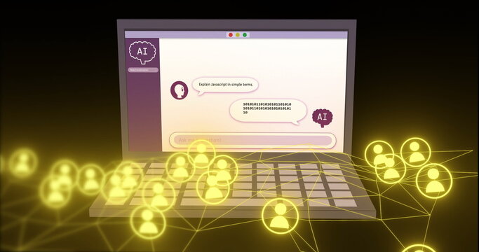 Image of, AI chatbot explaining JavaScript over network of connected users