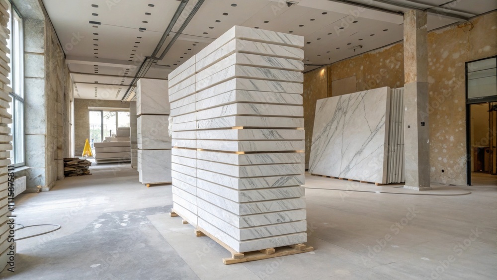 Poster A spacious room with a focus on a vertical stack of marble tiles against a backdrop of unfinished walls hinting at a transformative renovation in progress.