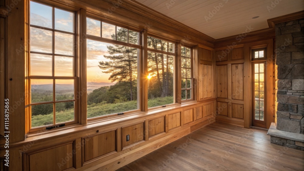 Poster A spacious room revealing a window frame with a fresh sealing layer the wood illuminated by golden afternoon sunlight highlighting the craftsmanship.