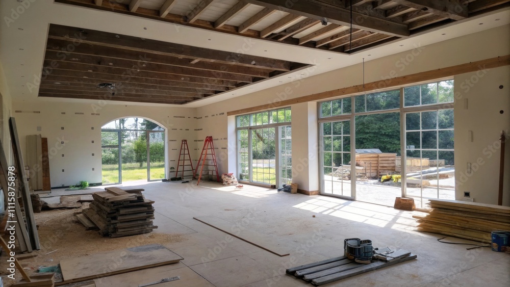 Poster A spacious room in midrenovation with an incomplete wall and an expansive rough opening allowing beams of natural light to filter through the construction site.