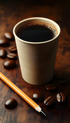 Black coffee in a paper cup with coffee beans and pencil on wooden table.