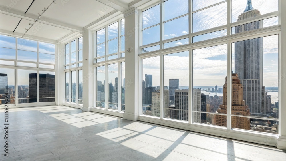 Poster a spacious loft area with floortoceiling windows showcasing stylish white trim that enhances the air