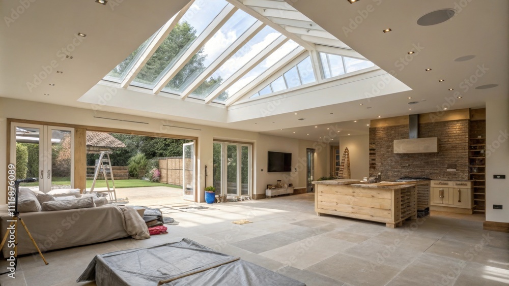 Poster A spacious living room with an open ceiling exposing the framework for a skylight while construction materials are neatly organized and protective tarp is laid out throughout.
