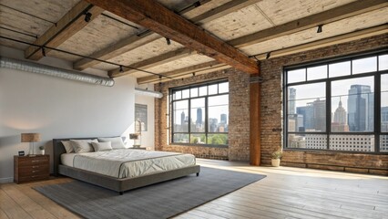 A spacious loft bedroom with an unfinished ceiling where old wooden beams and numerous exposed ducts create a rustic yet contemporary atmosphere complemented by a large window