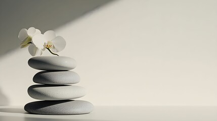 kamienie, równowaga, minimalizm, styl zen, storczyk, harmonia, estetyka, biel, fotografia artystyczna, delikatność, spokój, elegancja, kamienie rzeczne, nowoczesny design, fotografia studyjna, aranżac