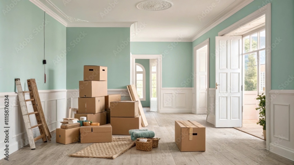 Poster a spacious hallway presents an unassembled furniture kit with stacked boxes and loose parts creating