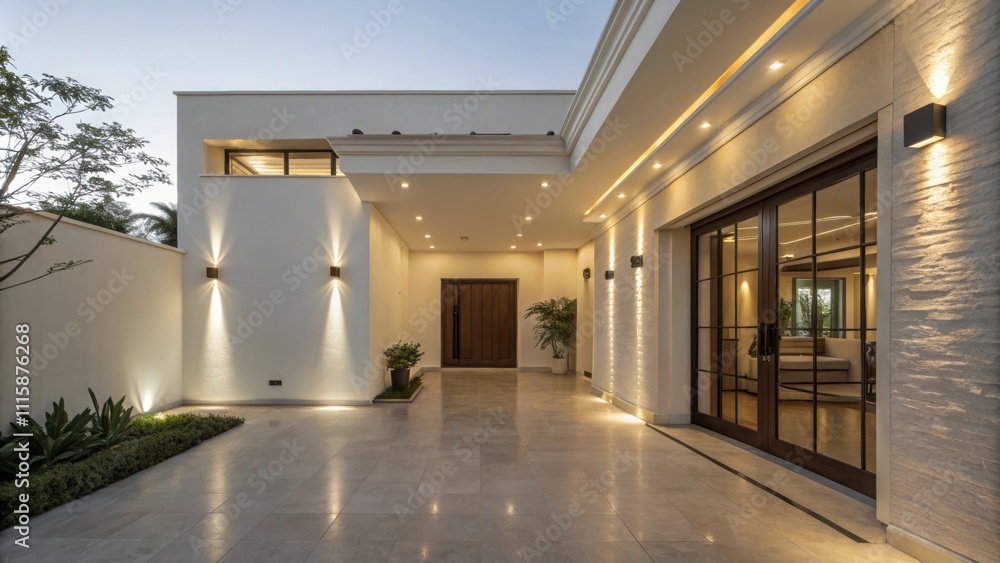 Poster A spacious entryway with a stark wall set against warm recessed lighting creating an inviting and welcoming first impression.