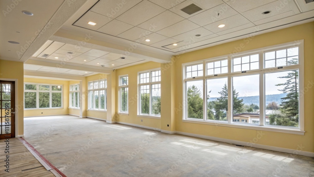 Poster A spacious empty space with newly installed windows and a crisp clean look enhanced by the absence of trim featuring pale yellow walls and exposed unfinished flooring.