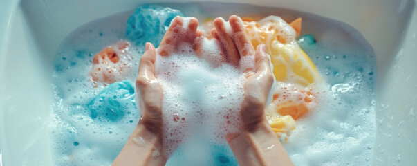 Fototapeta premium Washing hands in sink filled with colorful foam and bubbles, creating playful and clean atmosphere. vibrant colors of sponges add cheerful touch