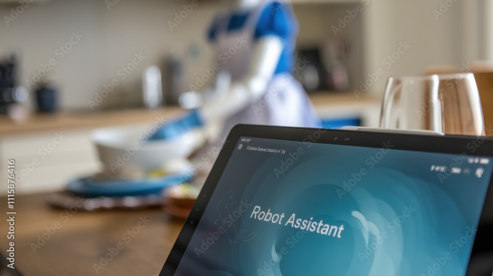 Poster a modern kitchen scene featuring a robot assistant and a laptop displaying 