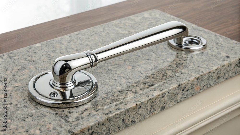 Poster A sophisticated oval door handle made of polished chrome showcases its reflective surface lying on a smooth granite slab that adds a touch of elegance.