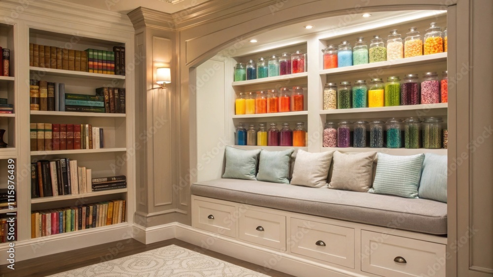 Poster A sophisticated alcove with custombuilt shelves filled with an array of colored glass jars and books enhanced by a stylish bench seat with cushions for added comfort.