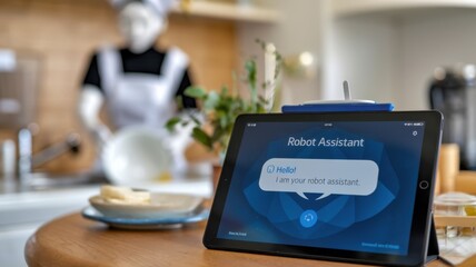 A tablet displaying a robot assistant interface in a kitchen setting.