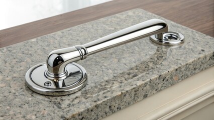 A sophisticated oval door handle made of polished chrome showcases its reflective surface lying on a smooth granite slab that adds a touch of elegance.