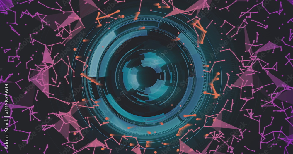 Poster rotating circular interface with geometric shapes and particles, futuristic image