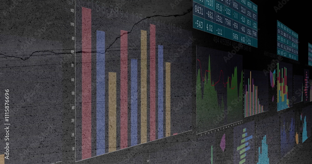 Aufkleber bar and line charts image over textured concrete background