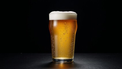 Minimalist beer glass with water droplets against black backdrop