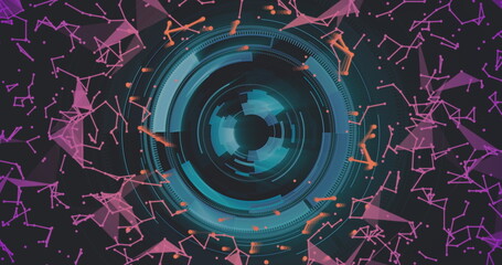 Rotating circular interface with geometric shapes and particles, futuristic image