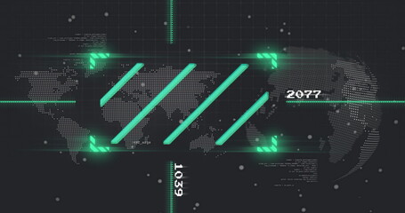Digital world map and data processing image over green bars and numbers