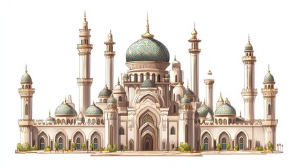 Obraz premium a 2D cartoon illustration of a historical mosque with domes and minarets, sacred and grand, white background--ar 16:9