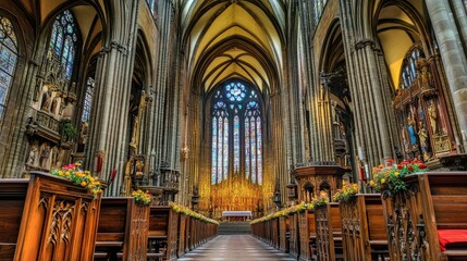 Majestic Interior of a Gothic Cathedral with Ornate Architectural Details